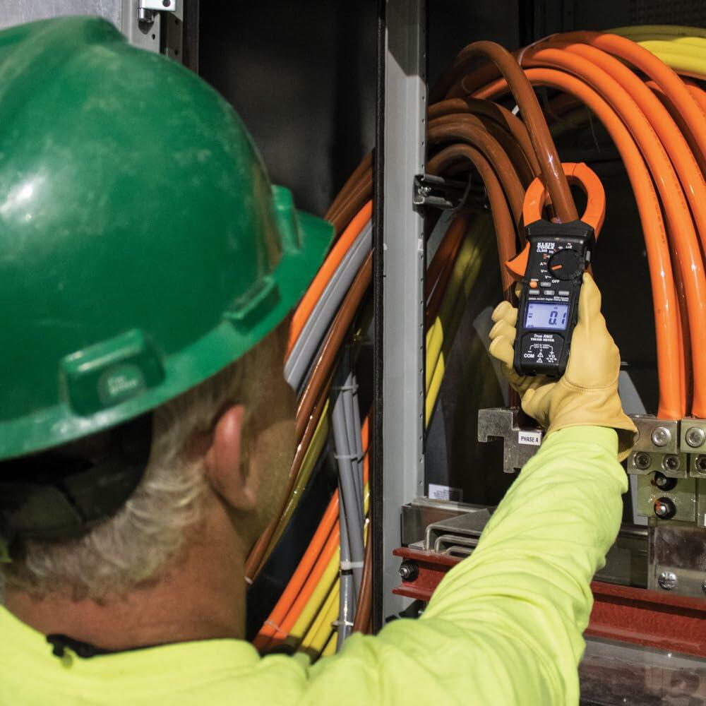 Front view of Klein Tools CL800 digital clamp meter showing rotary dial, clamp, and display screen for measuring electrical parameters.