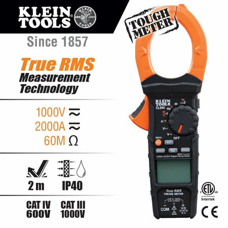 Promotional display of Klein Tools CL800 clamp meter with feature highlights including True RMS, 2000A capacity, IP40 rating, and safety certifications