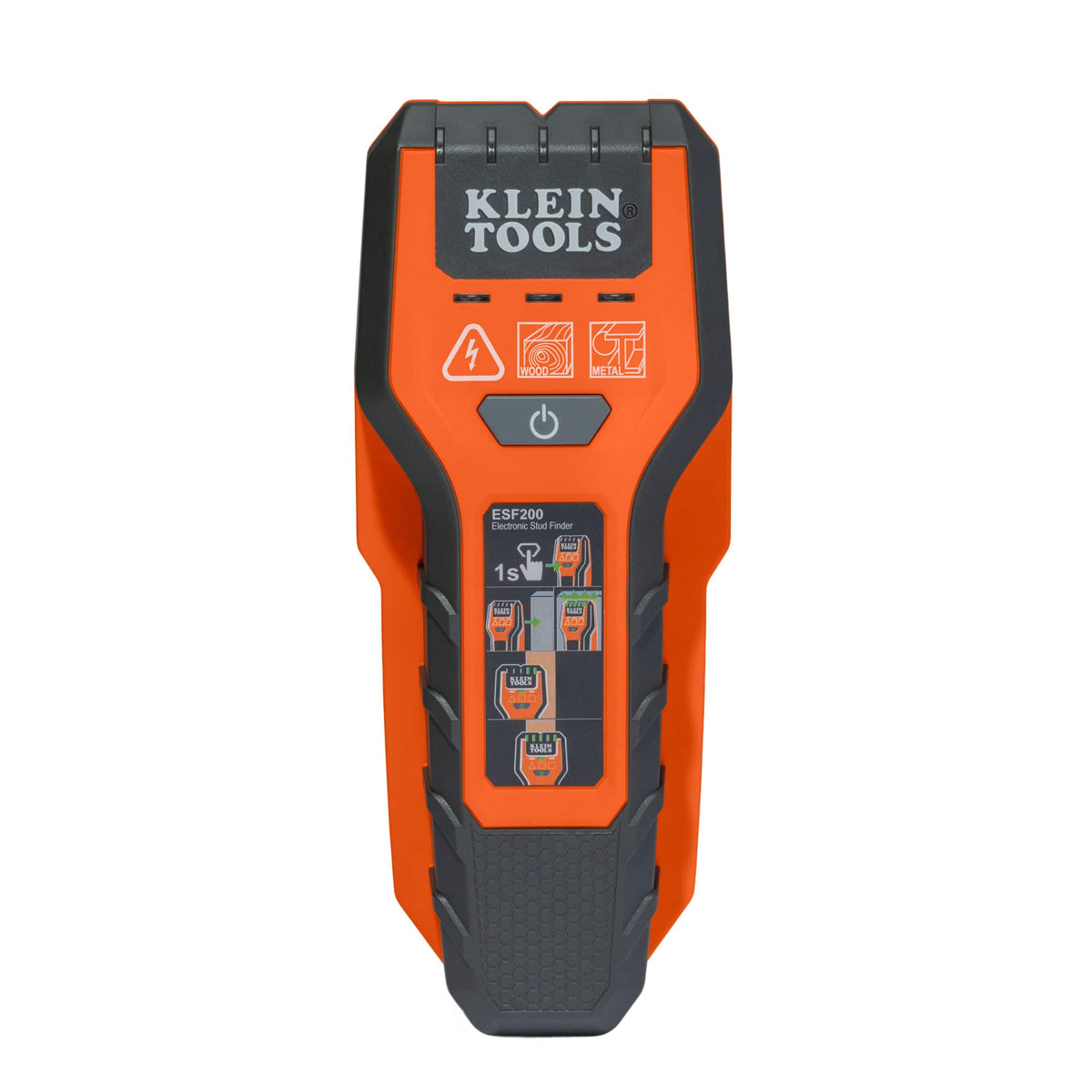 A front-facing professional product shot of the Klein Tools ESF200 multi-scan stud finder, featuring a high-visibility orange and black housing with LED indicator lights and a single-touch power button for detecting wood, metal, and live AC wiring.