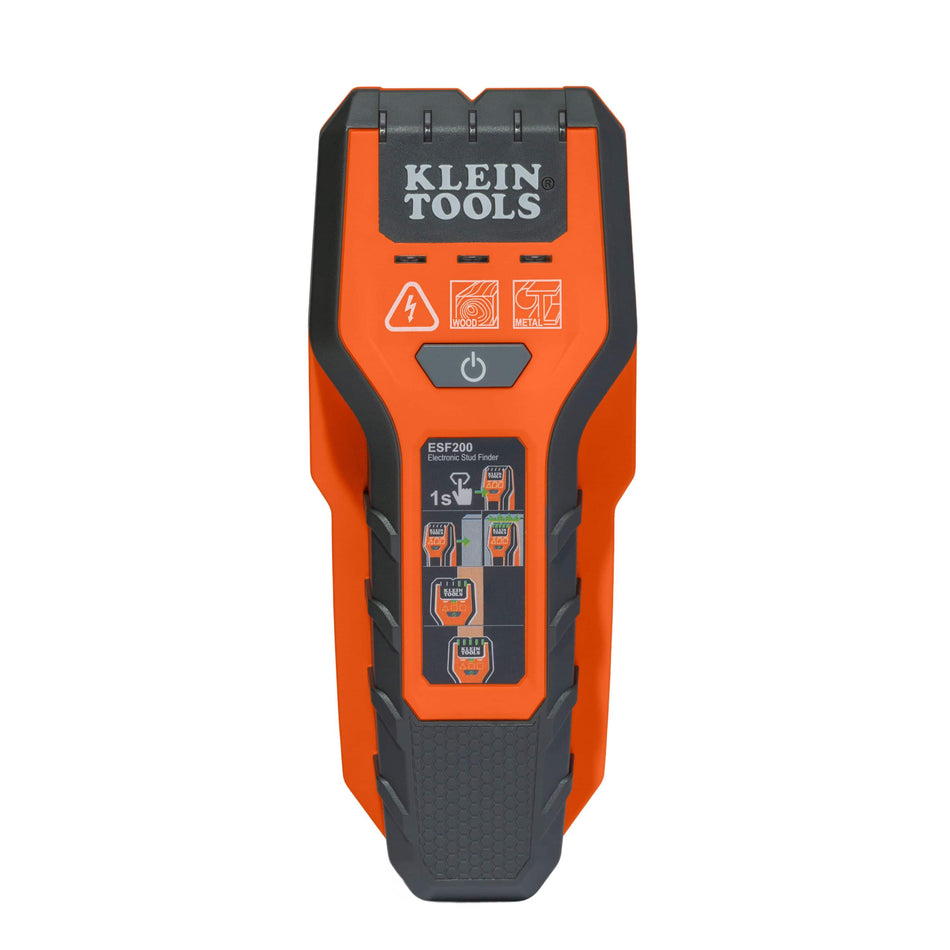 A front-facing professional product shot of the Klein Tools ESF200 multi-scan stud finder, featuring a high-visibility orange and black housing with LED indicator lights and a single-touch power button for detecting wood, metal, and live AC wiring.