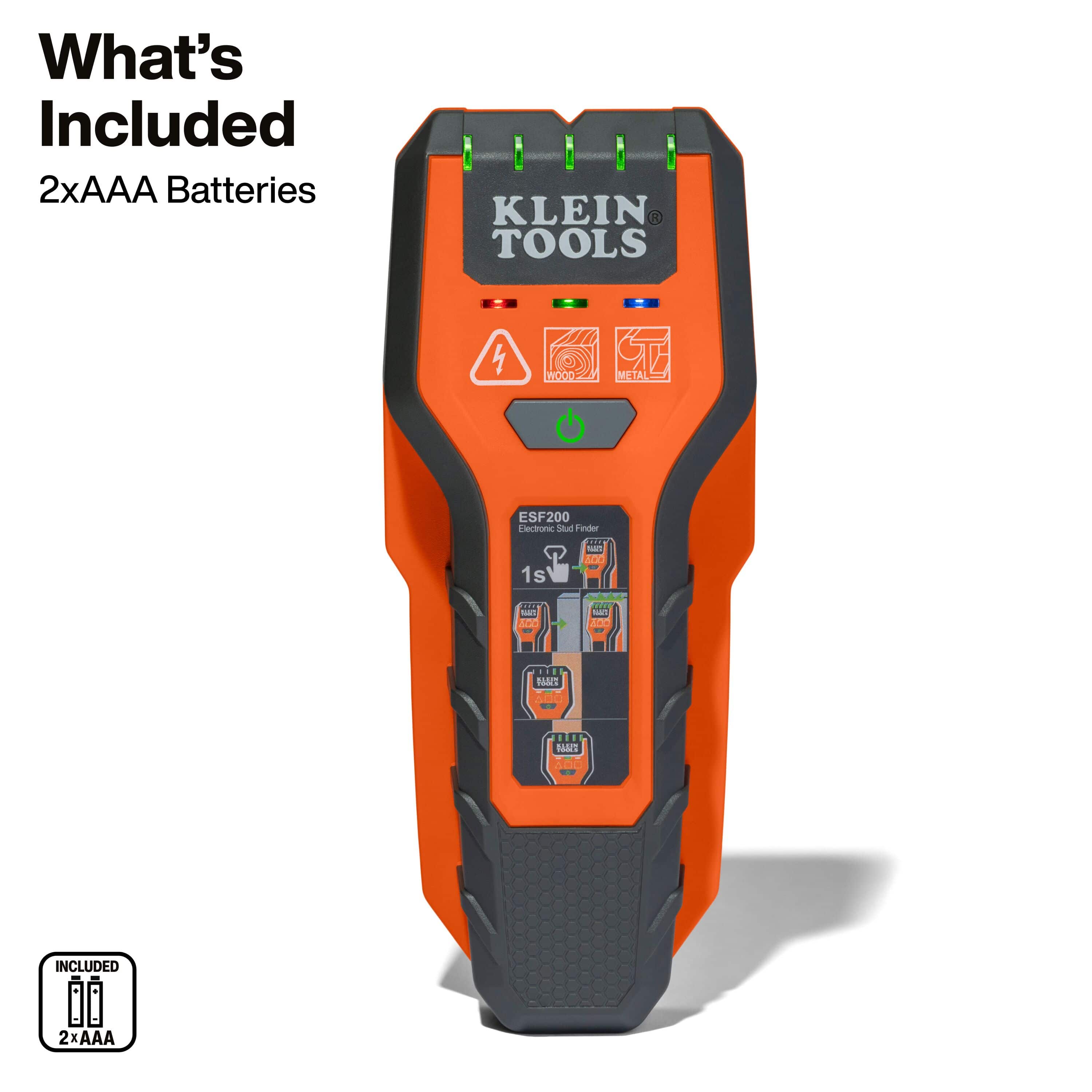 An infographic labeled What’s Included, showing the ESF200 electronic stud finder with its high-contrast LED display activated and two included AAA alkaline batteries required for professional jobsite operation.
