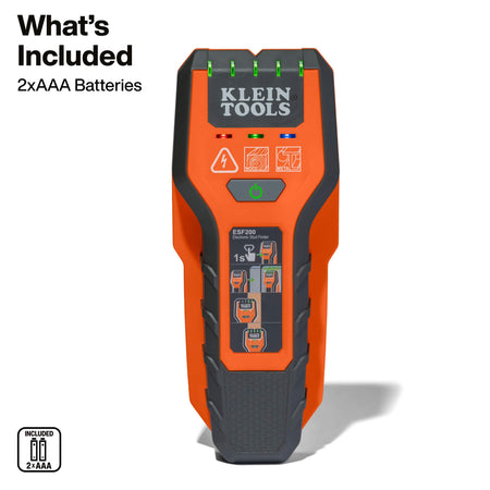 An infographic labeled What’s Included, showing the ESF200 electronic stud finder with its high-contrast LED display activated and two included AAA alkaline batteries required for professional jobsite operation.
