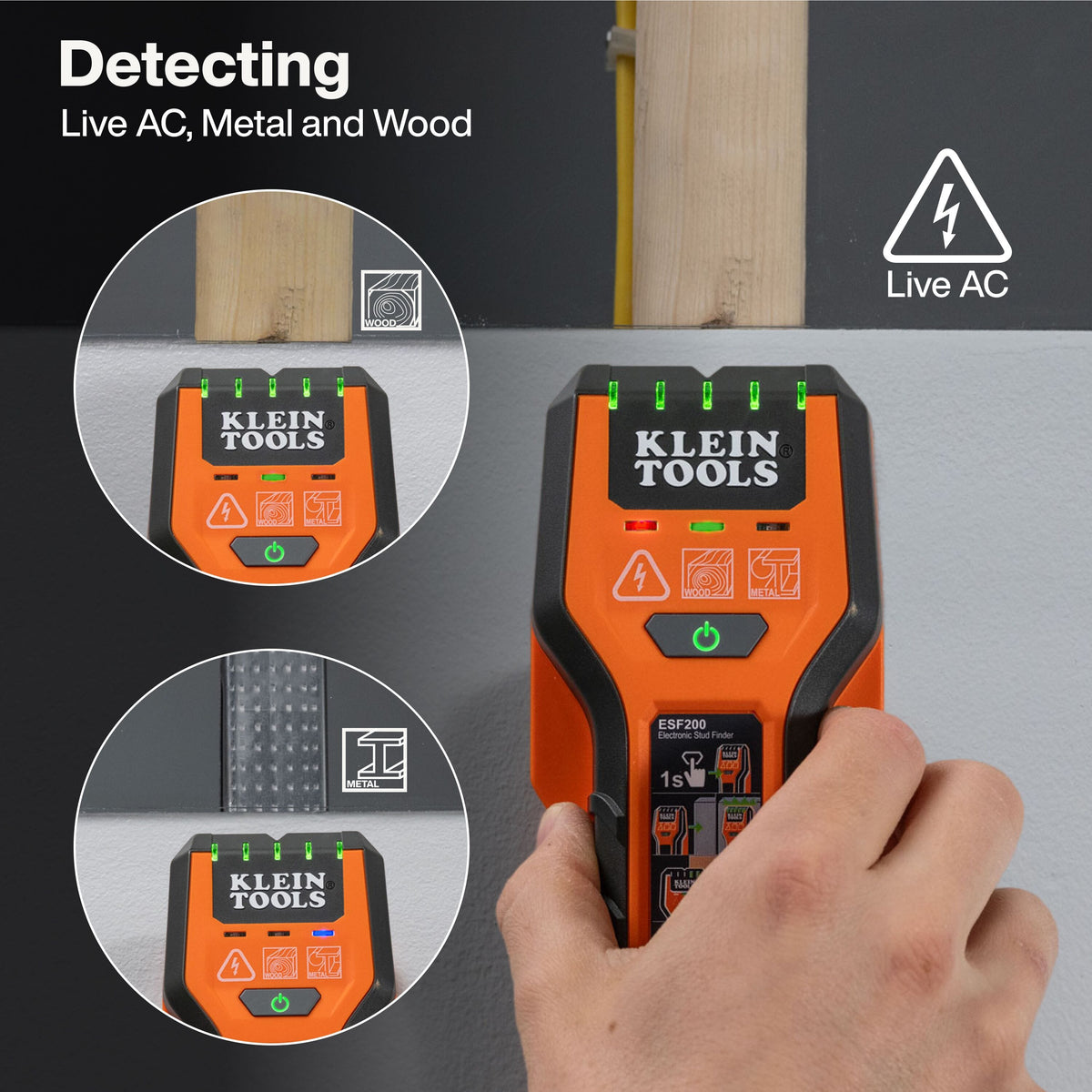 A technical graphic illustrating the multi-material detection capabilities of the stud finder, with circular callouts demonstrating how the device accurately identifies wood studs, metal framing, and live AC electrical lines behind drywall.