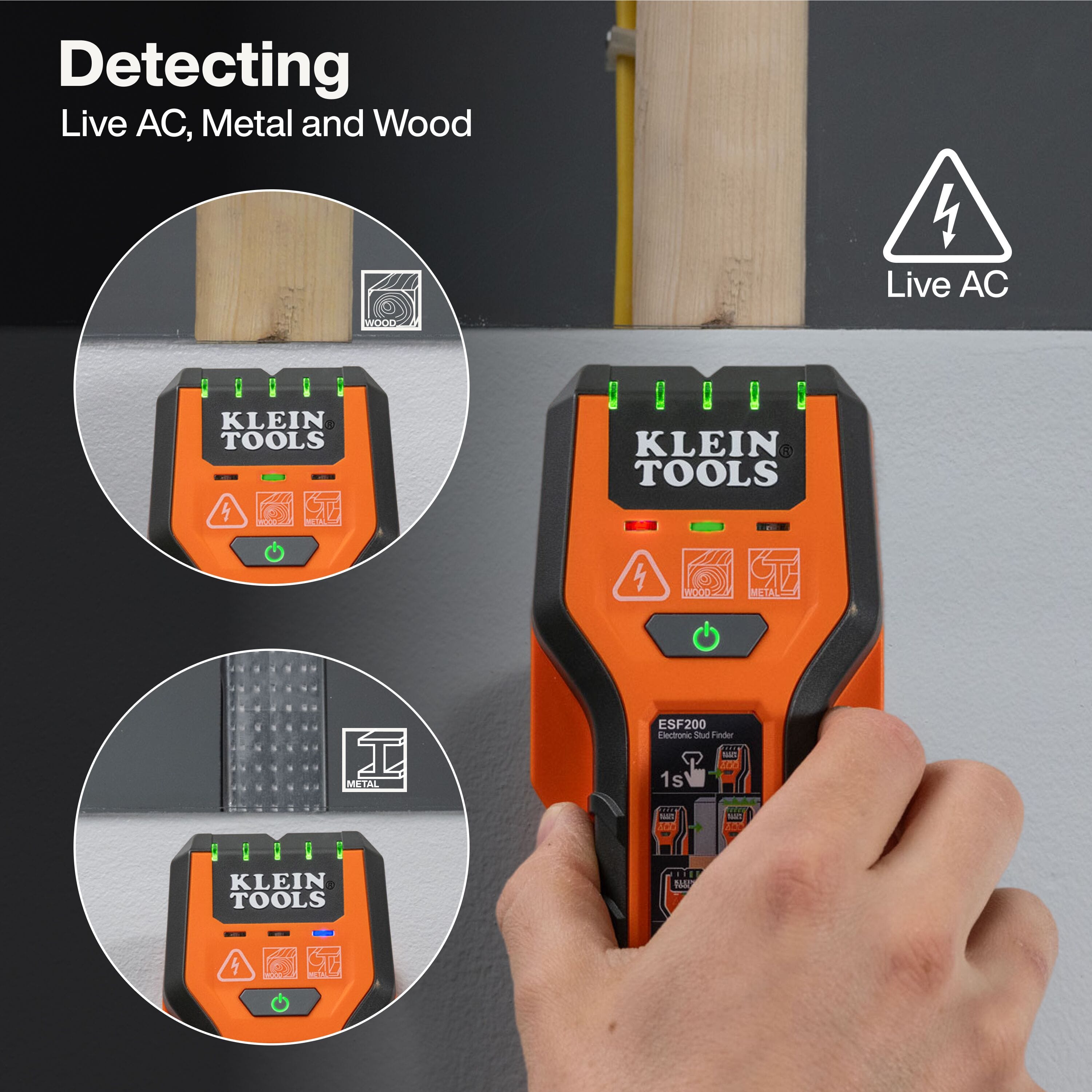 A technical graphic illustrating the multi-material detection capabilities of the stud finder, with circular callouts demonstrating how the device accurately identifies wood studs, metal framing, and live AC electrical lines behind drywall.