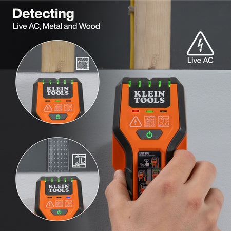 A technical graphic illustrating the multi-material detection capabilities of the stud finder, with circular callouts demonstrating how the device accurately identifies wood studs, metal framing, and live AC electrical lines behind drywall.