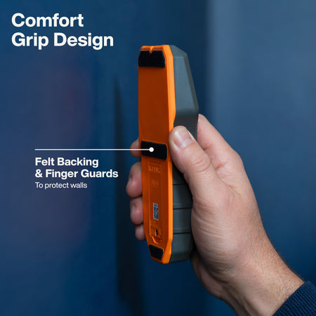 Side profile view of the Klein Tools stud finder highlighting the ergonomic comfort grip design, integrated finger guards for safety, and the protective felt backing designed to prevent marks on finished wall surfaces.