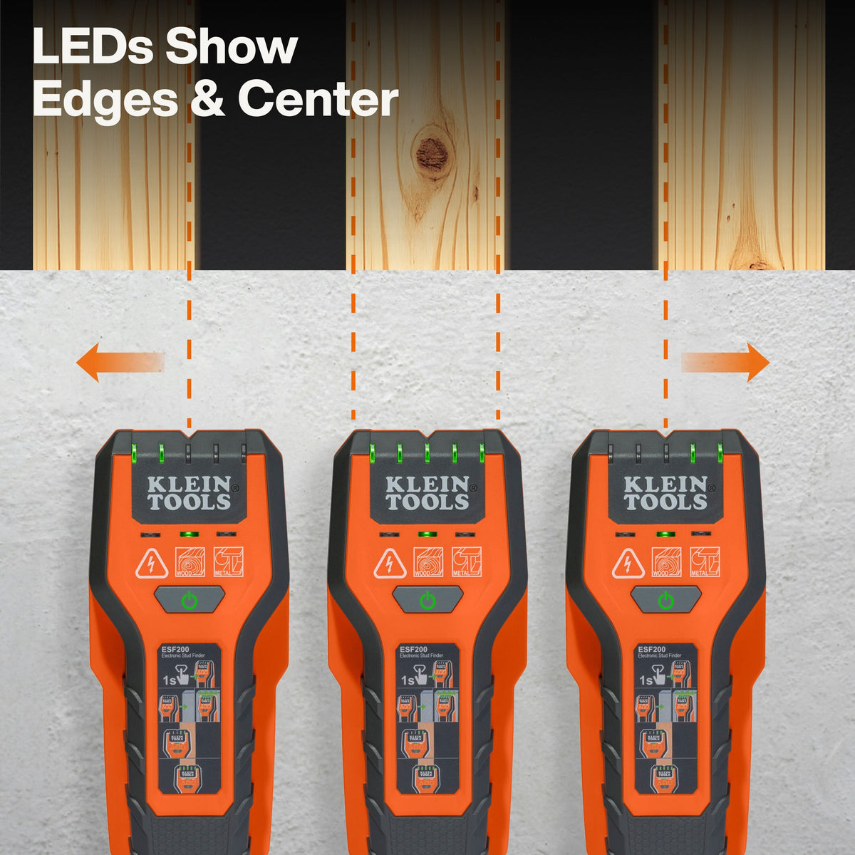 An instructional graphic showing the stud finder in three positions across a wall, demonstrating how the LED indicators illuminate to show the precise edges and center of a hidden wood stud.