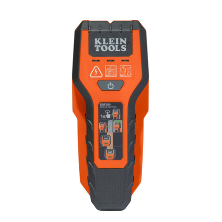 A detailed front view of the ESF200 stud finder with a white background, emphasizing the clear icon-based user interface and the rugged PC/ABS housing engineered for industrial durability.