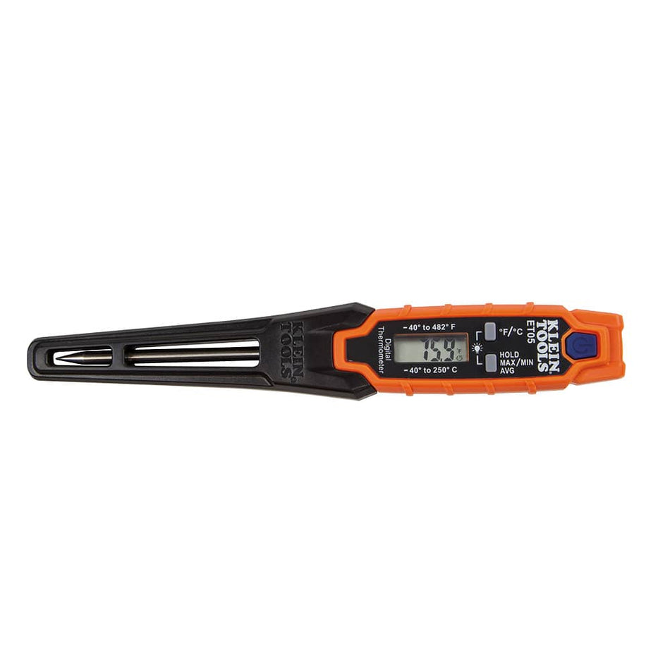 Top-down view of the Klein Tools ET05 Digital Pocket Thermometer showing the 3-inch stainless steel probe securely nested within its black protective sheath. The orange and black body features a high-visibility backlit LCD display and intuitive buttons for Celsius and Fahrenheit toggling, data hold, and Max/Min/Average functions.