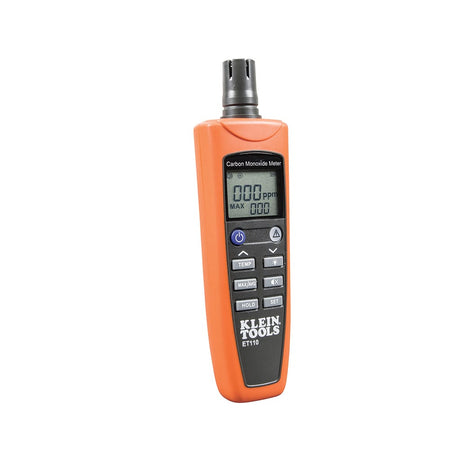 A complete Klein Tools ET110 Carbon Monoxide Detector kit layout featuring the professional CO gas meter, a black padded carrying pouch with an orange zipper, and four AAA batteries. The image showcases the essential components for HVAC air quality testing.