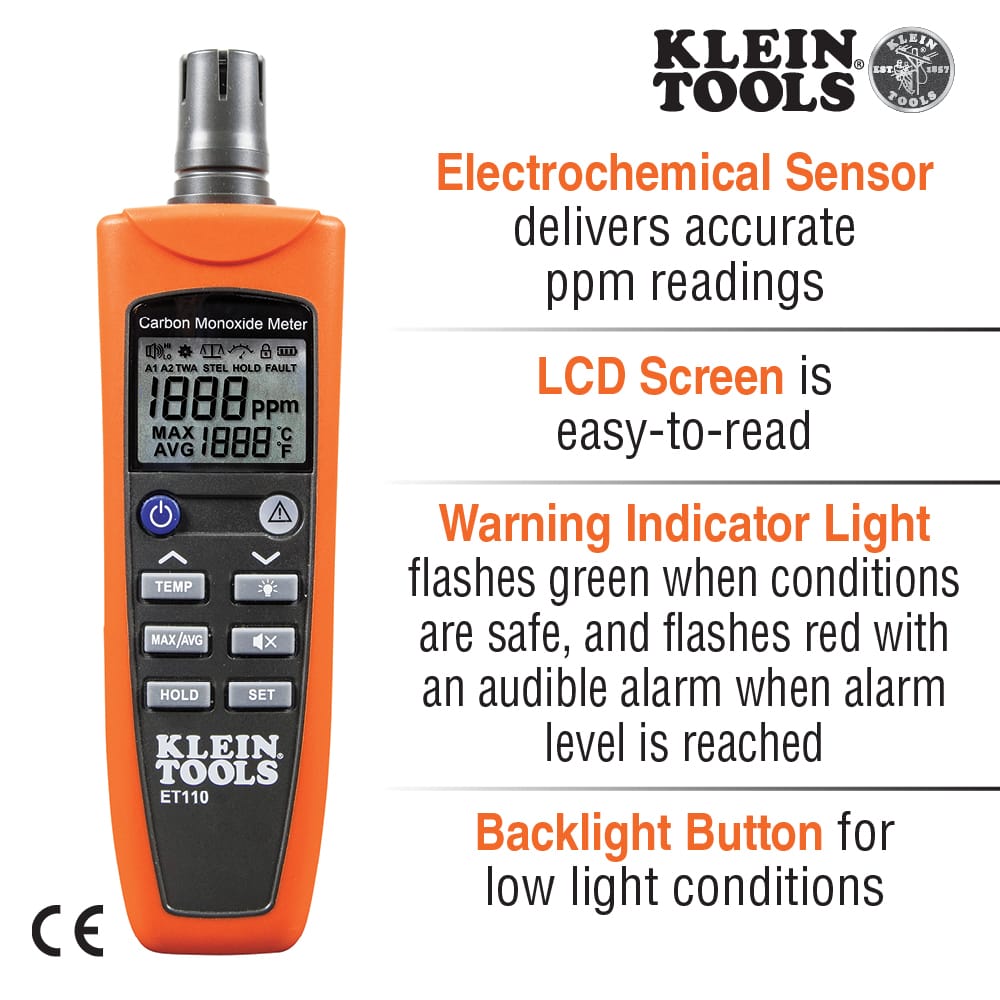 Product feature infographic for the Klein Tools ET110 CO Detector highlighting its 0 to 1000 ppm measurement range, backlit LCD display, and ambient temperature monitoring. Icons call out a 1-meter drop protection rating and include the Short-Term Exposure Limit (STEL) alarm notification.