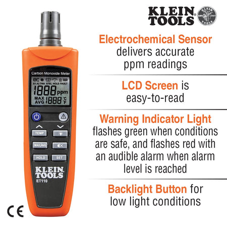 Product feature infographic for the Klein Tools ET110 CO Detector highlighting its 0 to 1000 ppm measurement range, backlit LCD display, and ambient temperature monitoring. Icons call out a 1-meter drop protection rating and include the Short-Term Exposure Limit (STEL) alarm notification.