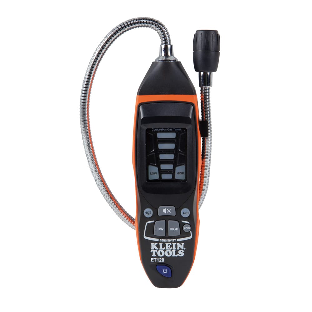 A complete product kit for the Klein Tools ET120 featuring the combustible gas leak detector with its 18-inch flexible gooseneck, a custom black padded storage pouch with an orange zipper, and four AAA batteries.