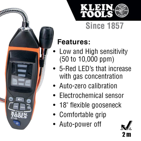 Front view of the Klein Tools ET120 gas detector showcasing the intuitive control interface. The image highlights the five-tier red LED visual alarm bar and buttons for high/low sensitivity selection, power, and the 85dB audible alert toggle.