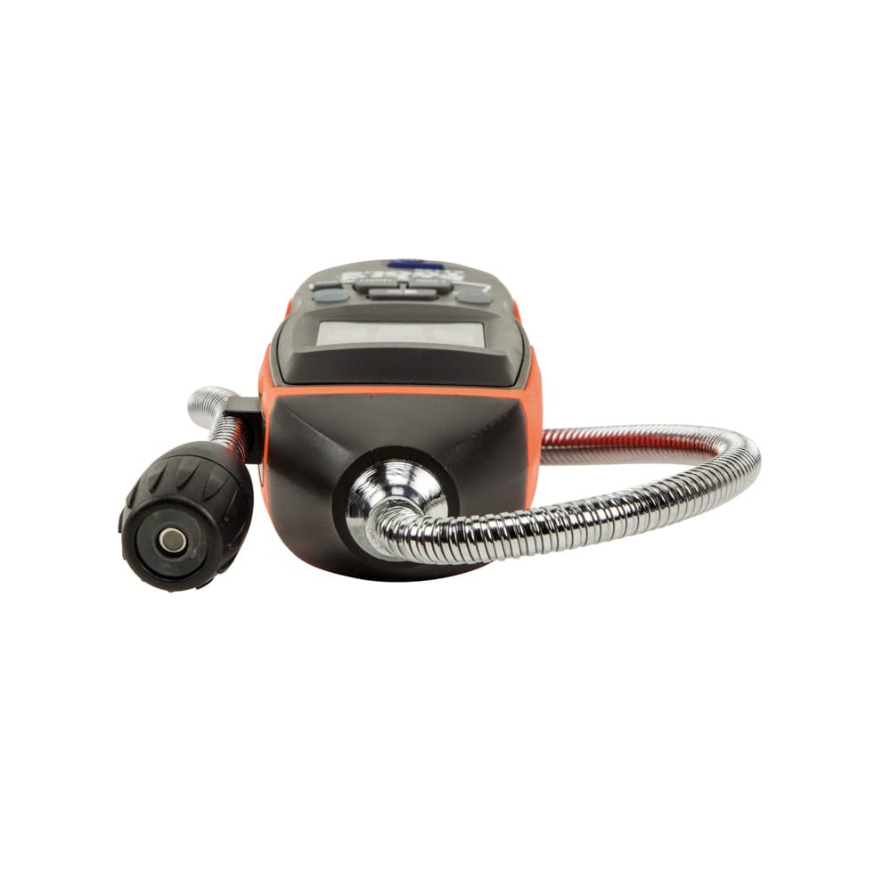 Perspective shot of the ET120 focusing on the over-molded ergonomic grip and the sensor storage clip. The 18-inch flexible gooseneck is shown coiled and clipped to the side of the housing for compact storage and protection.