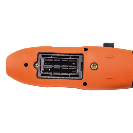 Full back-profile view of the Klein Tools ET120 combustible gas leak detector. This view highlights the high-impact polymer housing, the intuitive thumb-controlled buttons, and the flexible 18-inch gooseneck probe in its fully extended position.