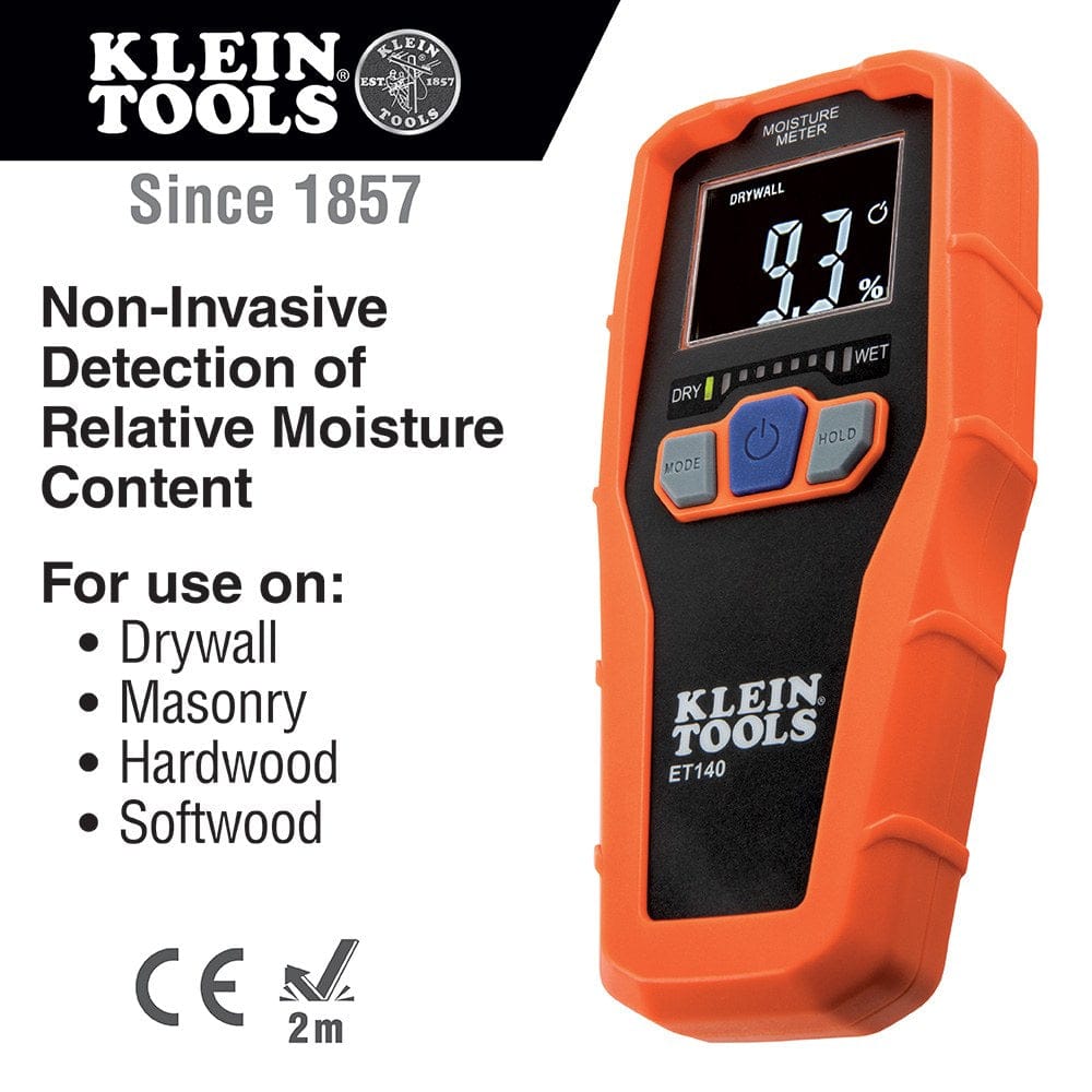 Product infographic for the ET140 highlighting non-invasive detection of relative moisture content. The text specifies it is for use on drywall, masonry, hardwood, and softwood, and notes the device features CE certification and 2-meter drop protection.