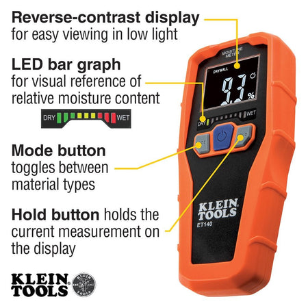 Annotated product graphic showing the ET140 meter with callouts for its key interface features: a reverse-contrast display for easy viewing in low light, an LED bar graph for visual reference of moisture content, a mode button to toggle between material types, and a hold button to lock measurements on the display.