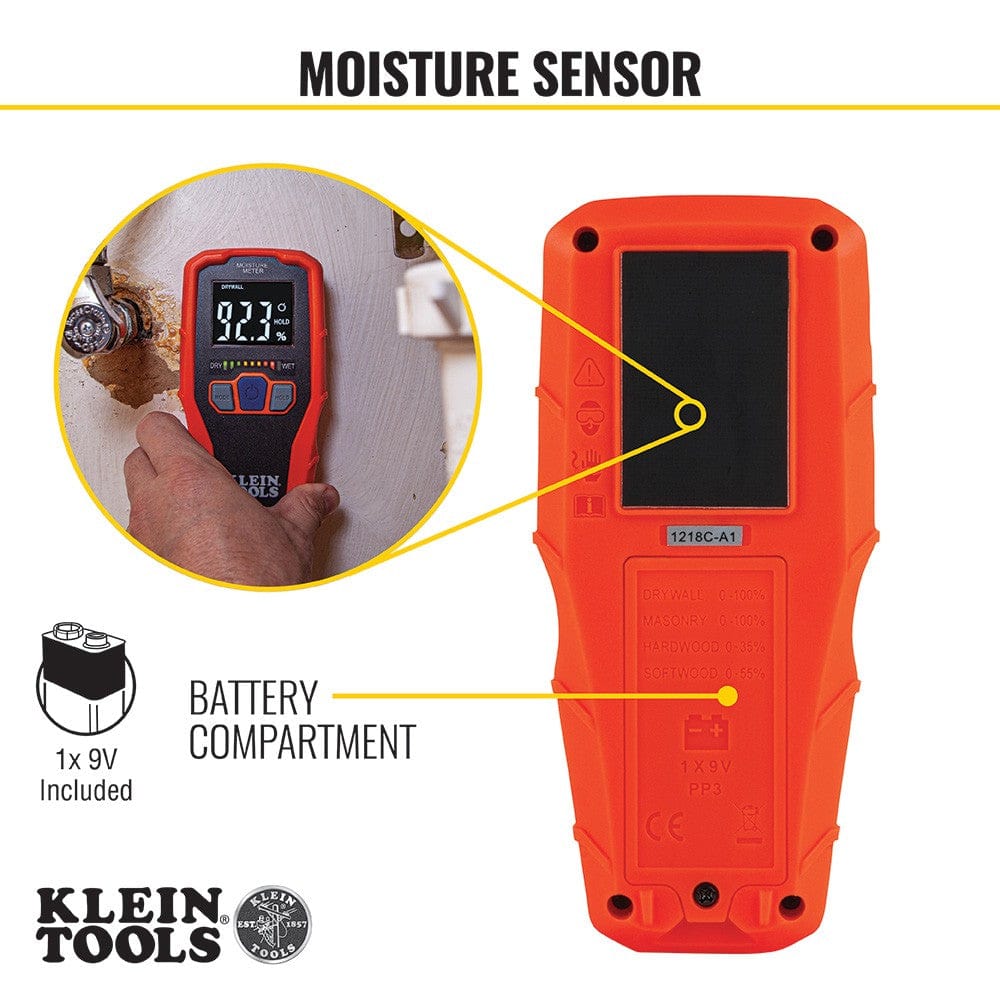 Infographic showing the rear of the ET140 moisture meter. It highlights the large black moisture sensor pad on the top half and the battery compartment on the bottom half, noting that one 9V battery is included. A circular inset shows the tool being used to detect moisture near a water valve.