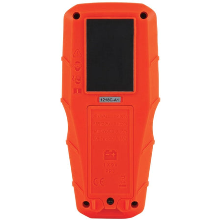 Direct rear view of the ET140 moisture meter showing the black rectangular sensor pad and the orange battery compartment cover. Engraved text on the housing lists relative moisture ranges for drywall, masonry, hardwood, and softwood.