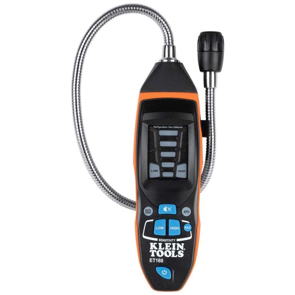 Complete Klein Tools ET160 Refrigerant Gas Leak Detector kit layout including the professional gas tester with 18-inch flexible gooseneck, a durable black padded carrying pouch with orange trim, and four AAA batteries.