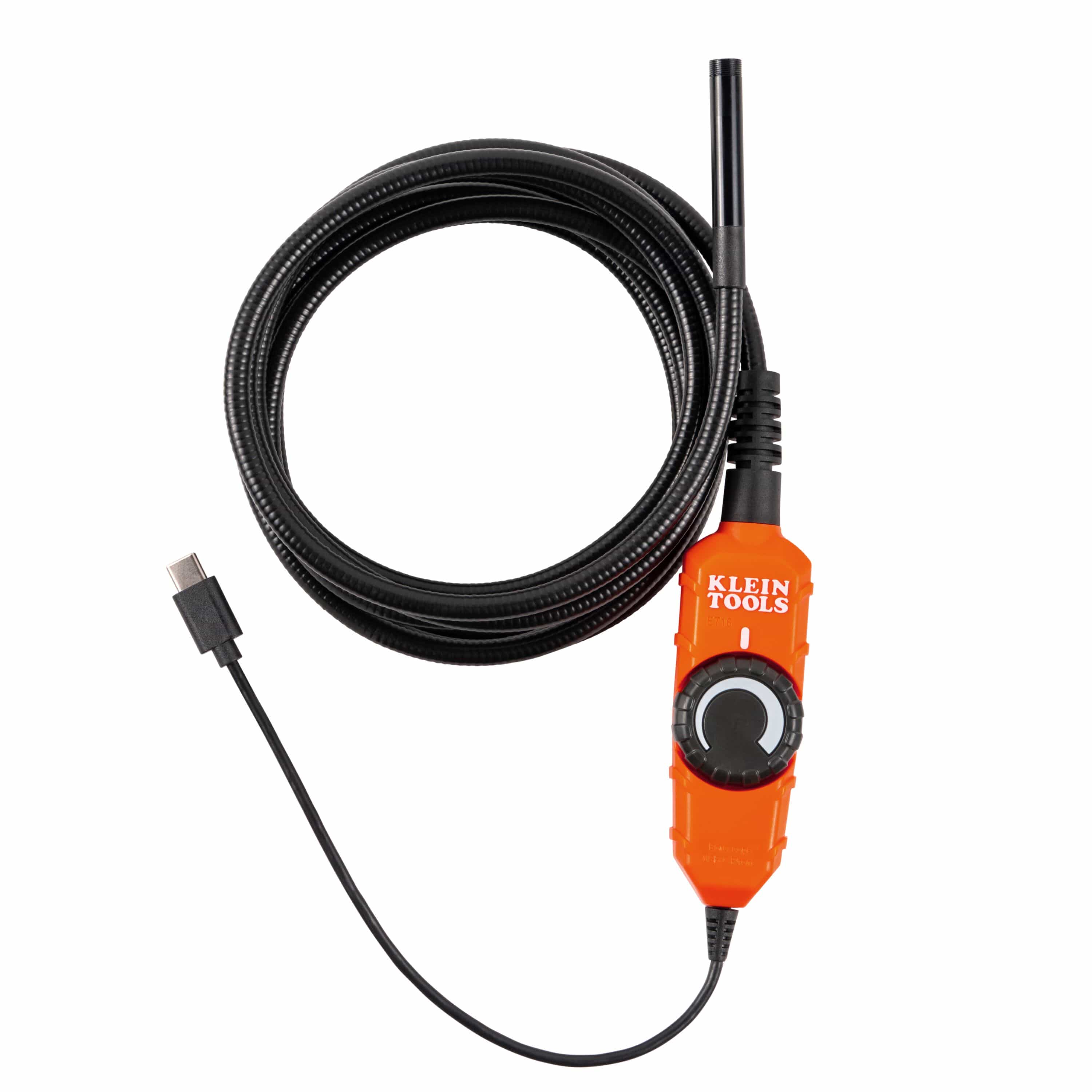 A studio product view of the Klein Tools ET16 Borescope for Android. The device features an orange handheld controller with a brightness adjustment dial, an integrated USB-C connector, and a 10-foot black armored gooseneck cable for professional industrial inspections.