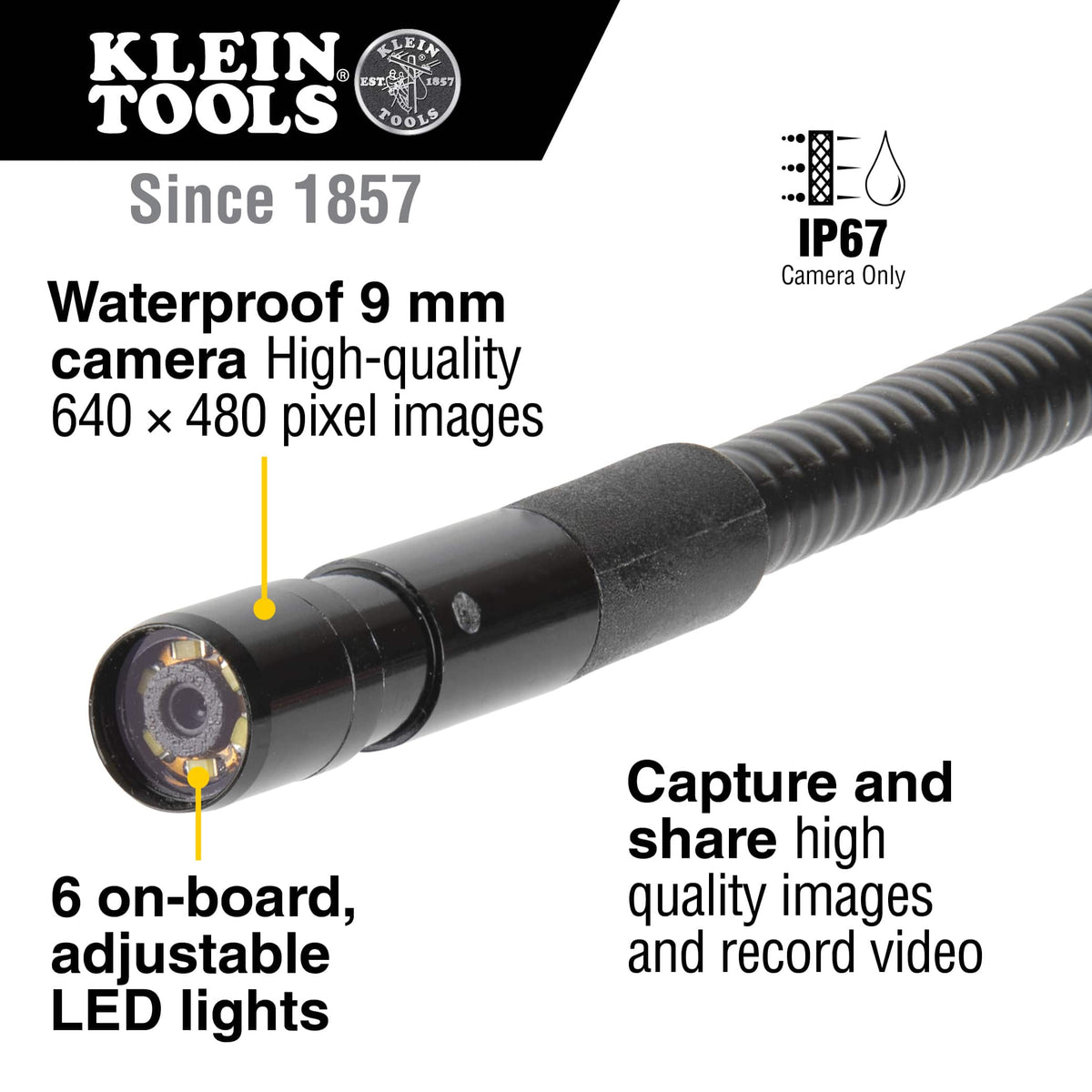 Product feature infographic for the Klein Tools ET16 highlighting the waterproof 9mm camera head that delivers high-quality 640 x 480 pixel images. Callouts emphasize the 6 on-board adjustable LED lights and the IP67 waterproof rating for the camera probe.
