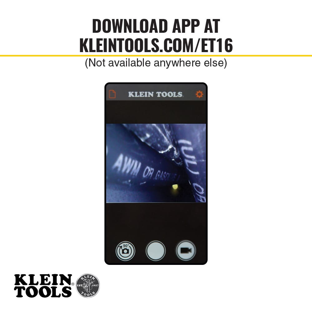 Smartphone interface mockup for the Klein Tools ET16 App showing a high-clarity inspection of industrial wiring. The graphic includes a prompt to download the diagnostic software from the official Klein Tools website for Android device compatibility.
