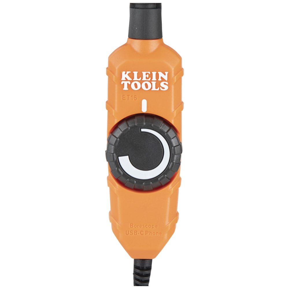 Detailed view of the ET16 handheld control unit. The high-contrast orange housing features a large textured dial for precise LED brightness control and clear branding for the borescope designed for USB-C Android phones.