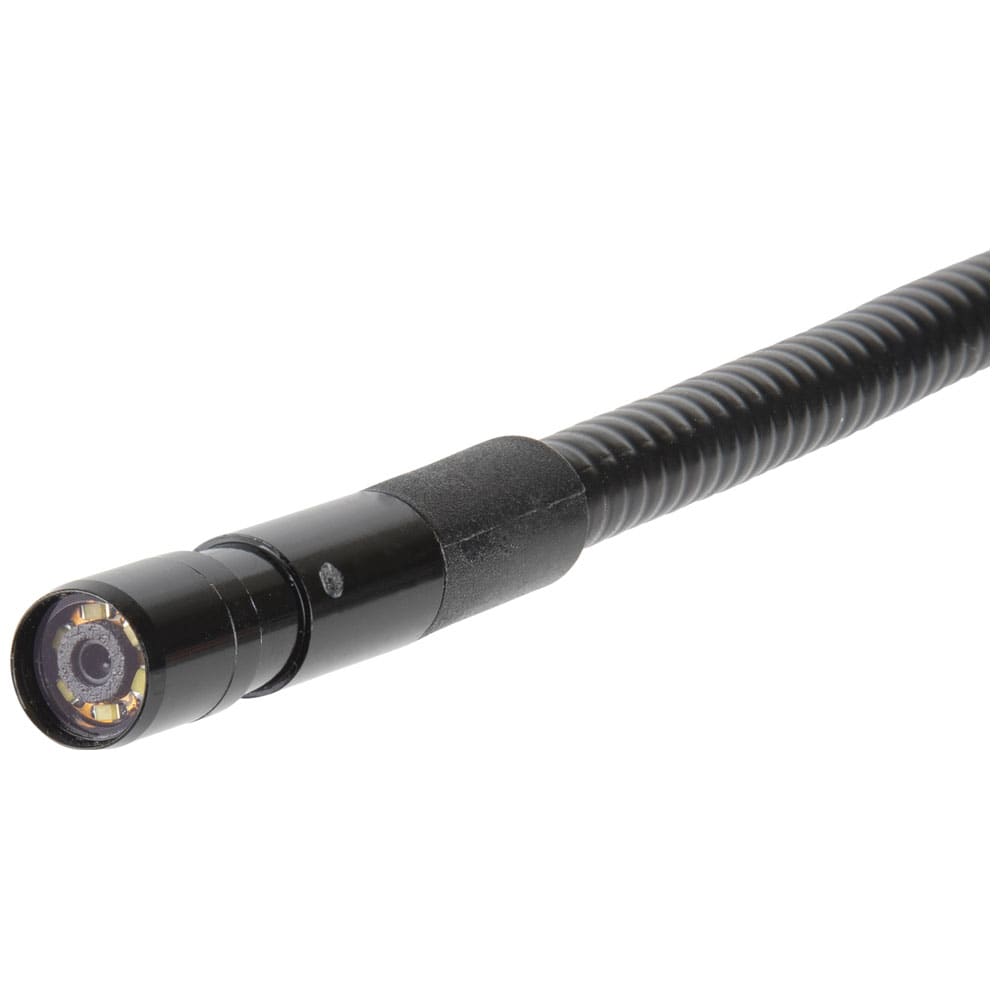 Extreme close-up of the IP67 waterproof camera head on the Klein Tools ET16. This view highlights the high-quality glass lens and the ring of 6 white LEDs engineered to withstand wet plumbing and electrical conduit environments.