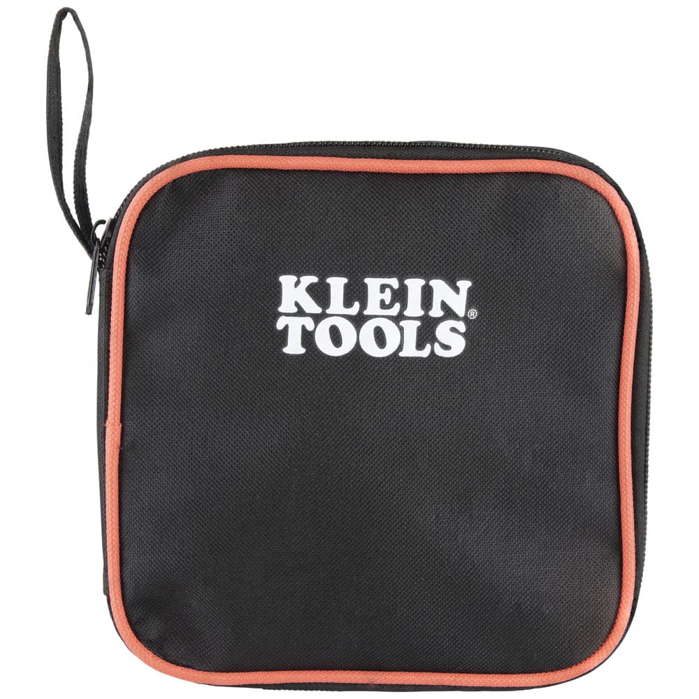 A view of the professional black zippered carrying case included with the ET16 borescope. The padded nylon case features high-visibility orange piping and the Klein Tools logo, designed for safe jobsite transport and organization.