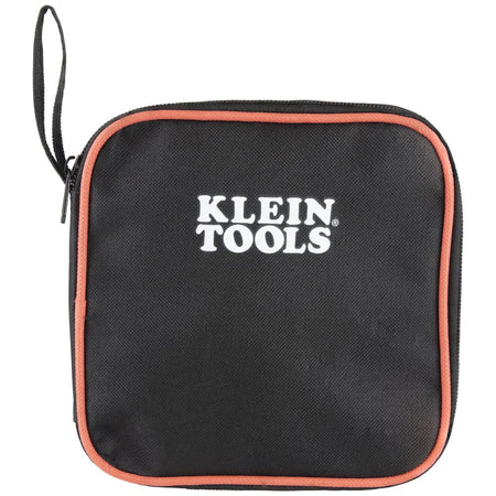 A view of the professional black zippered carrying case included with the ET16 borescope. The padded nylon case features high-visibility orange piping and the Klein Tools logo, designed for safe jobsite transport and organization.