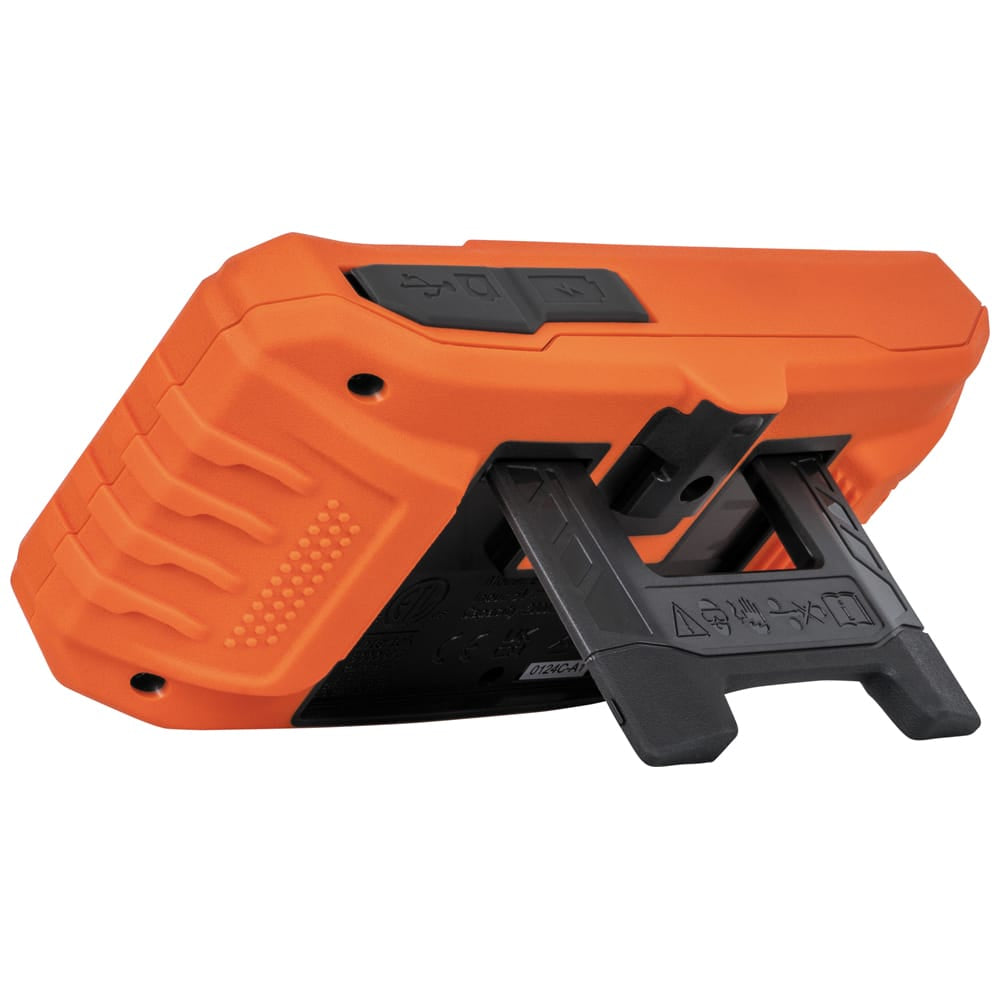 Rear perspective view of the ET17 borescope with the integrated kickstand fully extended. This hands-free feature allows the technician to set the monitor on a flat surface while using both hands to navigate the 10-foot armored camera snake through conduits or pipes.