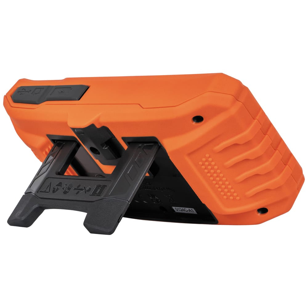 Rear perspective view of the Klein Tools ET17 borescope handheld monitor with its integrated self-storing kickstand fully deployed. The image highlights the rugged orange and black housing and the ergonomic design that allows the screen to stand upright on flat surfaces for hands-free industrial inspections.