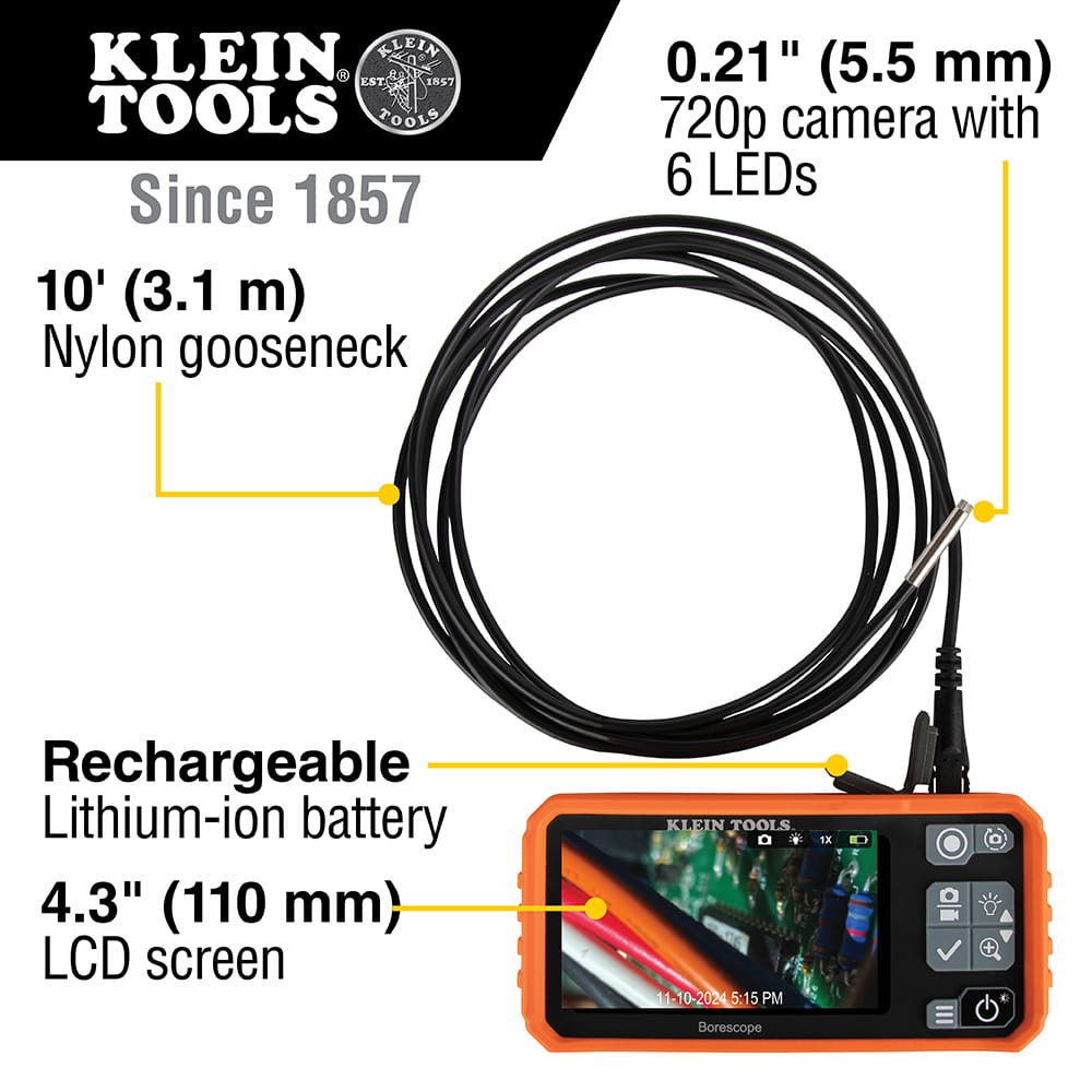 Product feature infographic for the Klein Tools ET17 borescope highlighting the 5.5mm 720p HD camera with 6 integrated LEDs. The graphic calls out the 10-foot nylon gooseneck cable, the rechargeable lithium-ion battery, and the large 4.3-inch LCD screen for high-clarity industrial inspections.