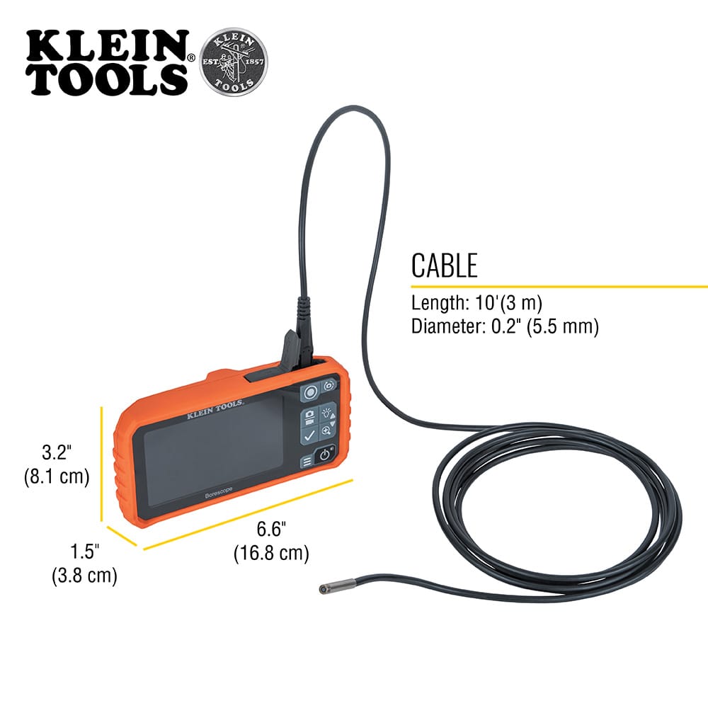 Detailed product dimension graphic for the Klein Tools ET17 borescope. The measurements show a unit height of 3.2 inches, length of 6.6 inches, and a width of 1.5 inches, while specifying the camera cable length as 10 feet with a slim 0.22-inch diameter camera head.