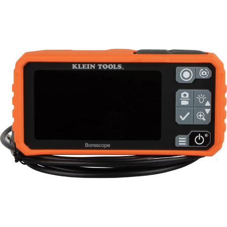 Frontal view of the ET17 borescope handheld unit showcasing the large color LCD monitor and the tactile control keypad. The keypad includes dedicated buttons for photo and video capture, LED brightness adjustment, zoom functions, and power.
