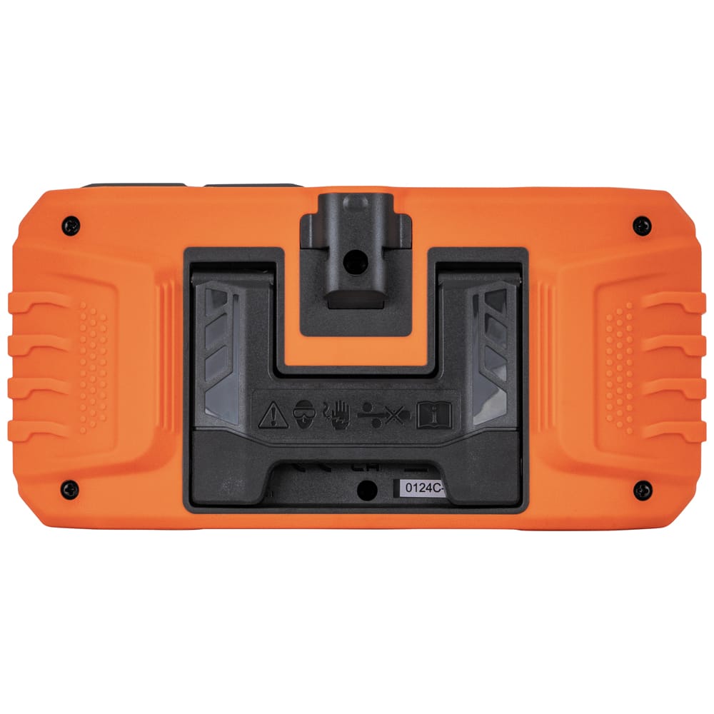 Rear view of the ET17 borescope housing showing the durable PC and ABS material construction. The image features the stowed integrated kickstand and professional safety and certification markings, including the CE and ETL logos.