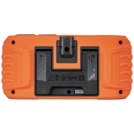 Rear view of the ET17 borescope housing showing the durable PC and ABS material construction. The image features the stowed integrated kickstand and professional safety and certification markings, including the CE and ETL logos.