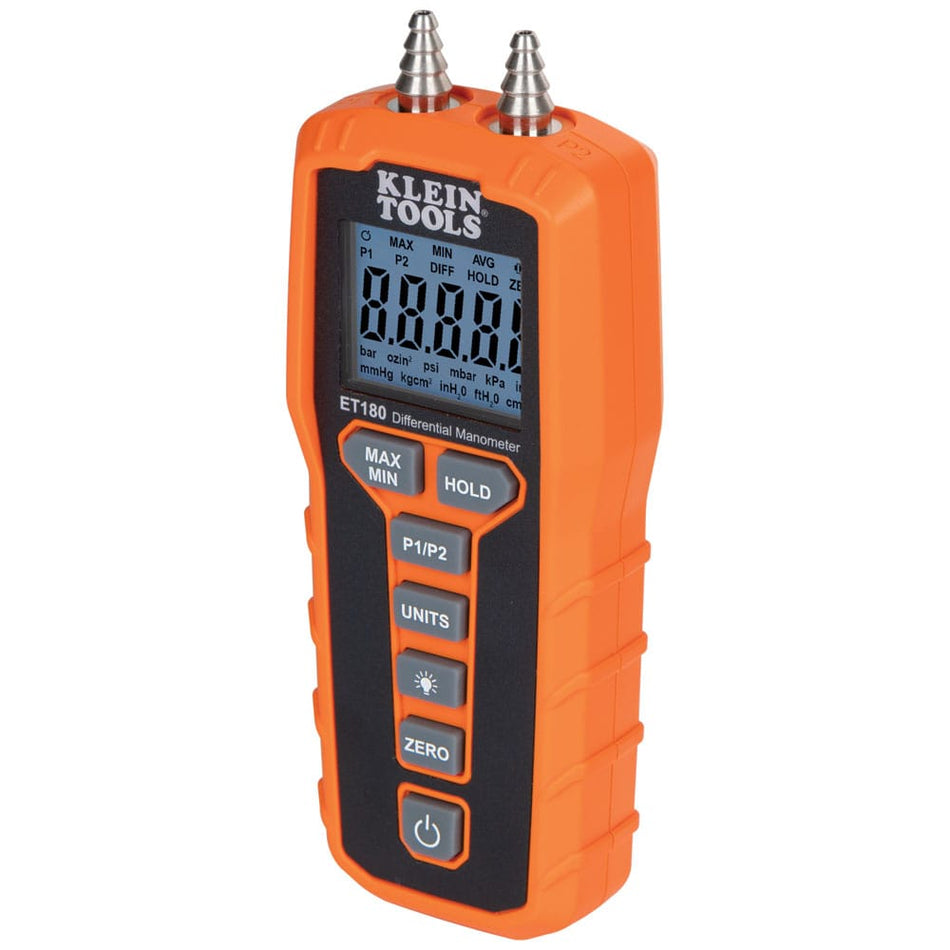 Front perspective view of the Klein Tools ET180 Digital Differential Manometer featuring two tapered stainless steel pressure ports. The professional HVAC tester is housed in a rugged orange and black casing with a large digital display and intuitive control buttons for static and differential pressure measurement.