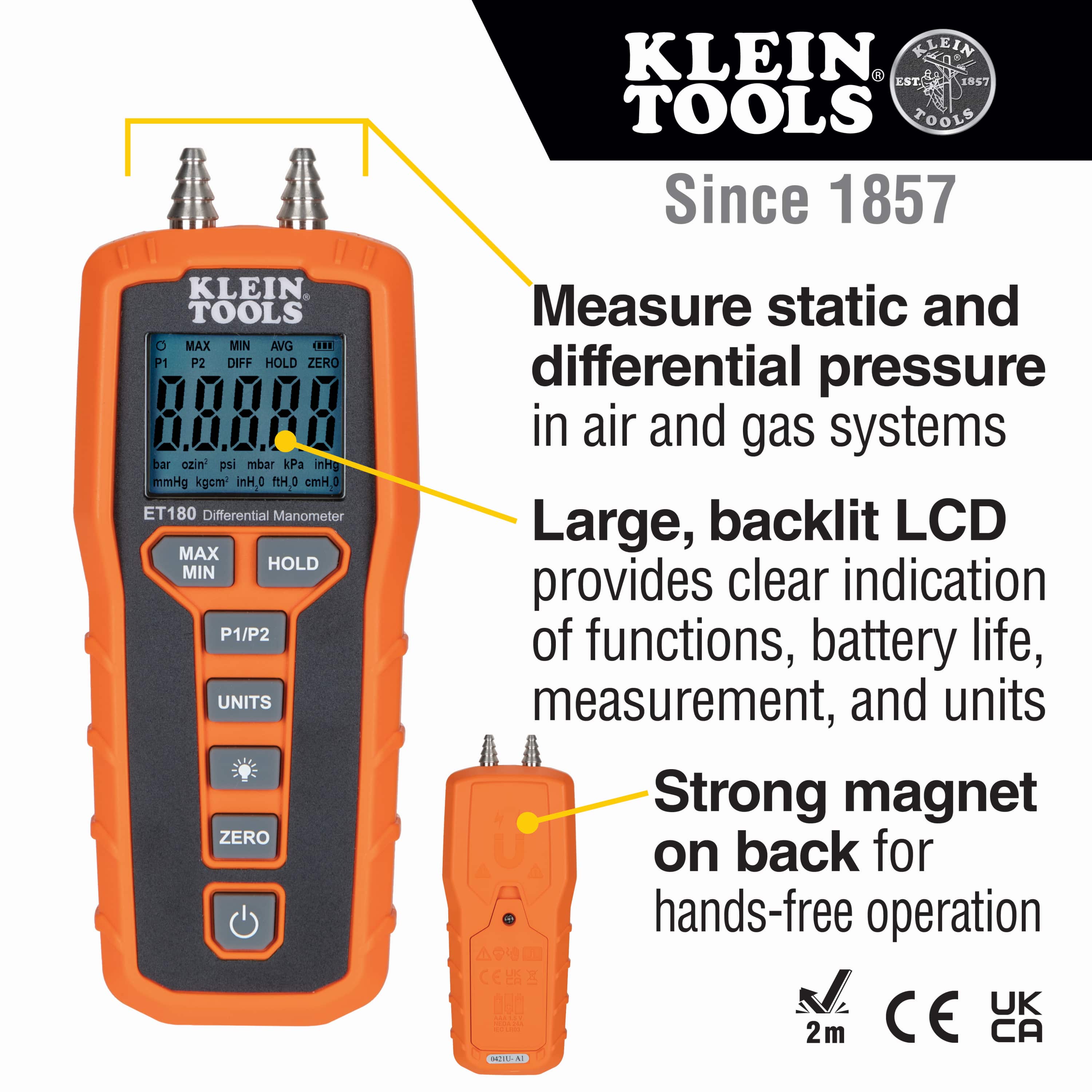 Product feature graphic for the Klein Tools ET180 manometer highlighting its ability to measure static and differential pressure in air and gas systems. Text callouts emphasize the large backlit LCD, 2-meter drop protection, and a strong integrated magnet on the back for hands-free operation.