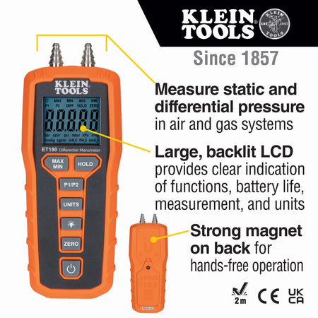 Product feature graphic for the Klein Tools ET180 manometer highlighting its ability to measure static and differential pressure in air and gas systems. Text callouts emphasize the large backlit LCD, 2-meter drop protection, and a strong integrated magnet on the back for hands-free operation.