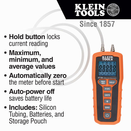 Feature list for the Klein Tools ET180 including a data hold button, maximum/minimum/average value calculations, and an auto-power off function. The graphic notes that the kit includes silicon tubing, batteries, and a protective storage pouch for the digital pressure gauge.