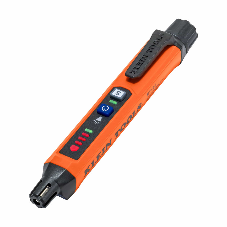 Perspective view of the orange and black Klein Tools ET190 gas leak detector featuring a slim pen-style design with a heavy-duty pocket clip, multi-level LED indicator, and high-precision combustible gas sensor.