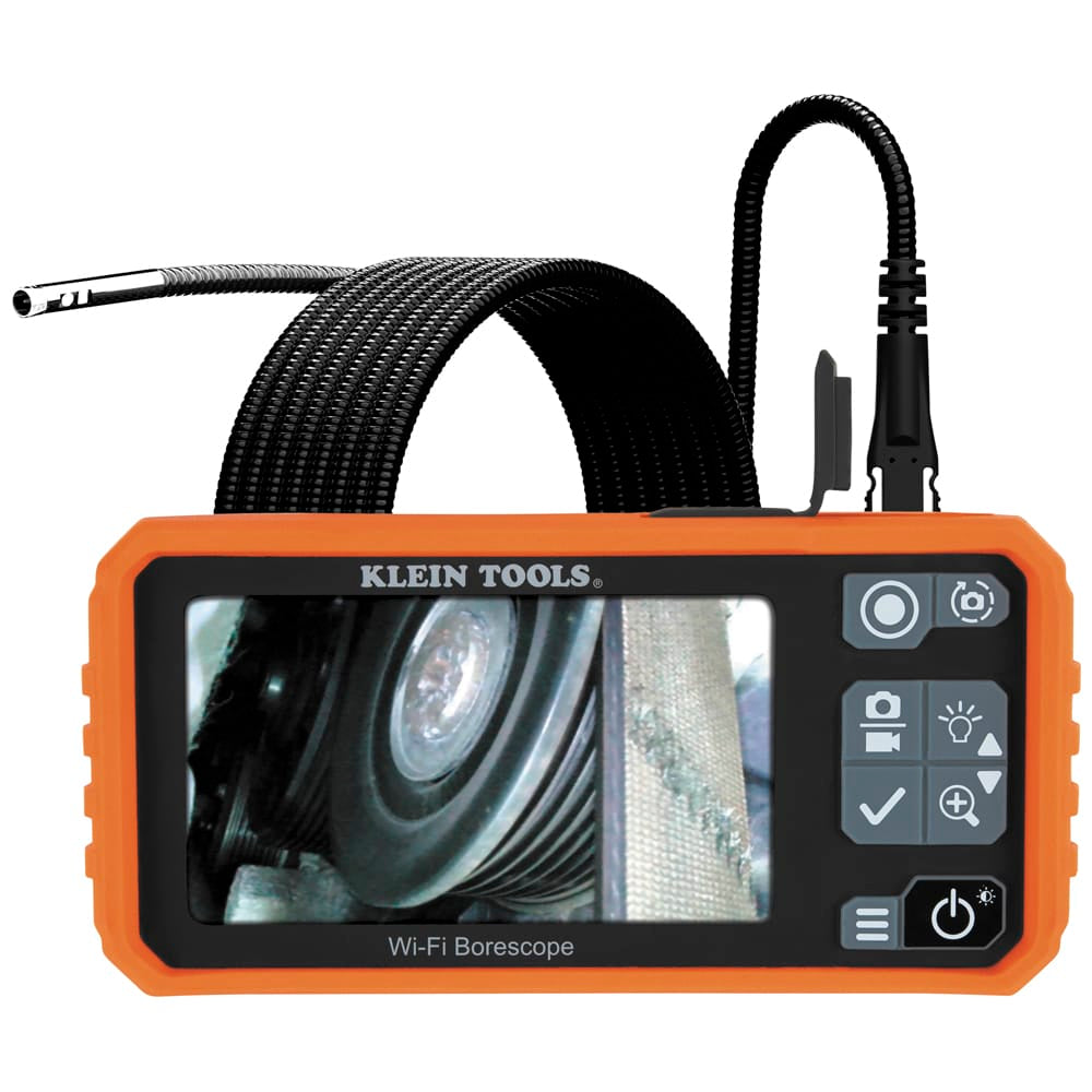 A studio product view of the Klein Tools ET19 Pro Borescope inspection camera. The 4.3-inch color LCD monitor is shown displaying a high-contrast internal system image, connected to a 10-foot armored gooseneck cable featuring a specialized dual-lens 720p HD camera head.