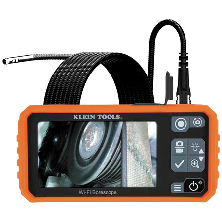 A studio product view of the Klein Tools ET19 Pro Borescope inspection camera. The 4.3-inch color LCD monitor is shown displaying a high-contrast internal system image, connected to a 10-foot armored gooseneck cable featuring a specialized dual-lens 720p HD camera head.