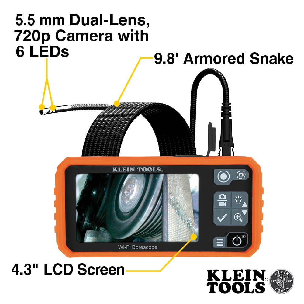Product feature infographic for the Klein Tools ET19 Pro highlighting the 10-foot armored gooseneck cable and the 5.5mm dual-lens camera with 6 adjustable LEDs. The graphic emphasizes the rechargeable lithium-ion battery and the high-visibility 4.3-inch LCD monitor used for professional HVAC and automotive diagnostics.