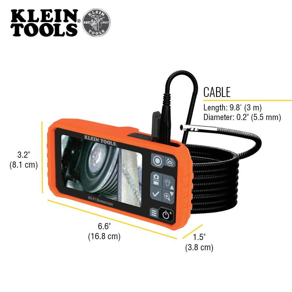 Product dimension graphic for the Klein Tools ET19 Pro borescope. Measurements indicate a unit length of 6.6 inches, height of 3.2 inches, and width of 1.5 inches. The armored camera cable is specified at 10 feet long with a slim 0.22-inch diameter probe head.