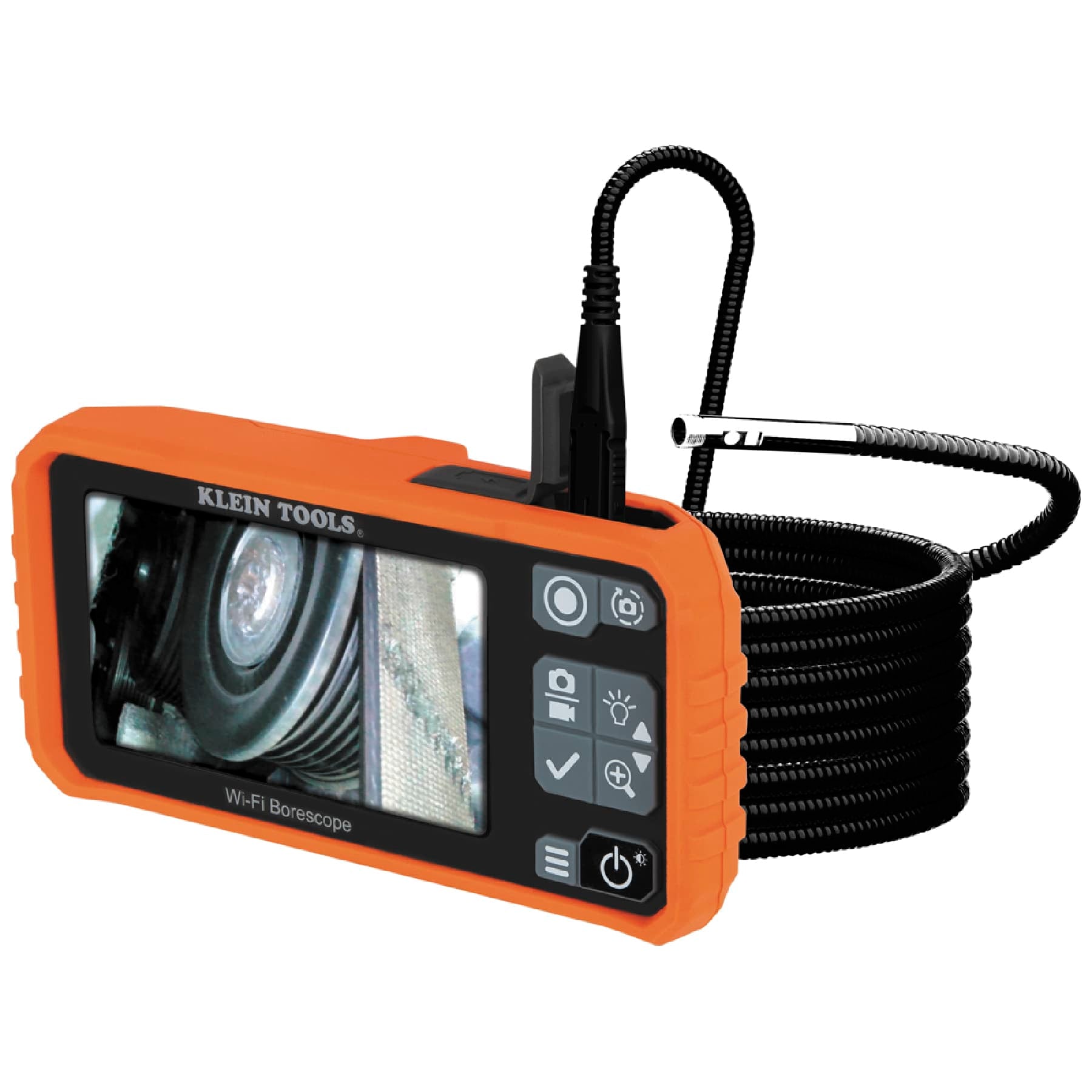 Frontal view of the ET19 Pro handheld diagnostic unit showcasing the 4.3-inch color LCD screen and tactile button interface. The keypad includes dedicated controls for photo and video recording, LED brightness adjustment, 3x digital zoom, and Wi-Fi connectivity.