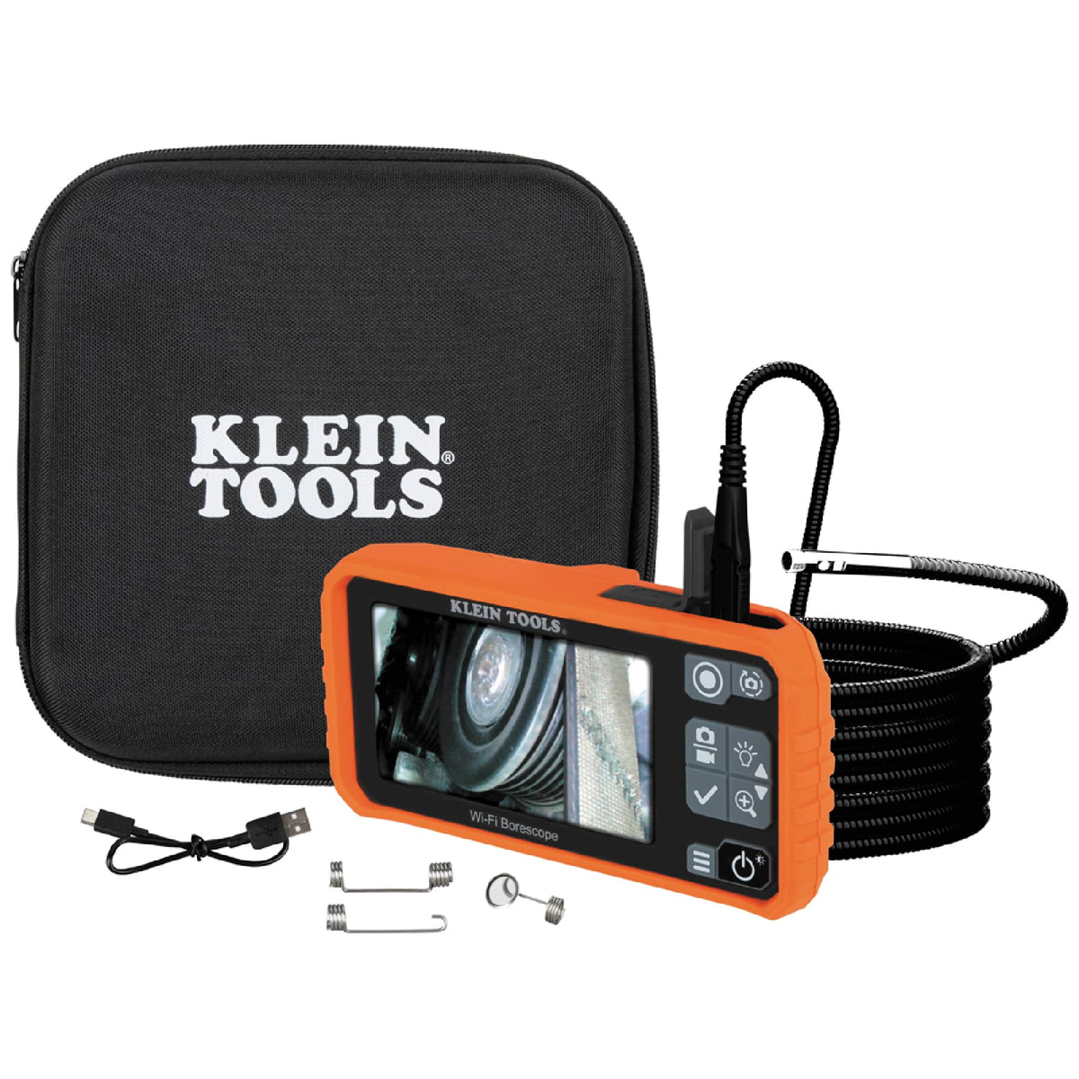 Overhead perspective of the ET19 Pro borescope kit including the handheld monitor and the coiled 10-foot armored snake. The dual-lens camera head is shown with a protective cap, illustrating the rugged build quality required for plumbing and aviation inspections.